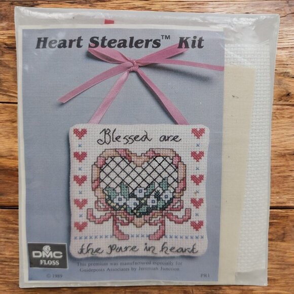 VTG Blessed Are the Pure in Heart Heart Stealers Kit DMC Floss 1989 Cross Stitch - Picture 1 of 3